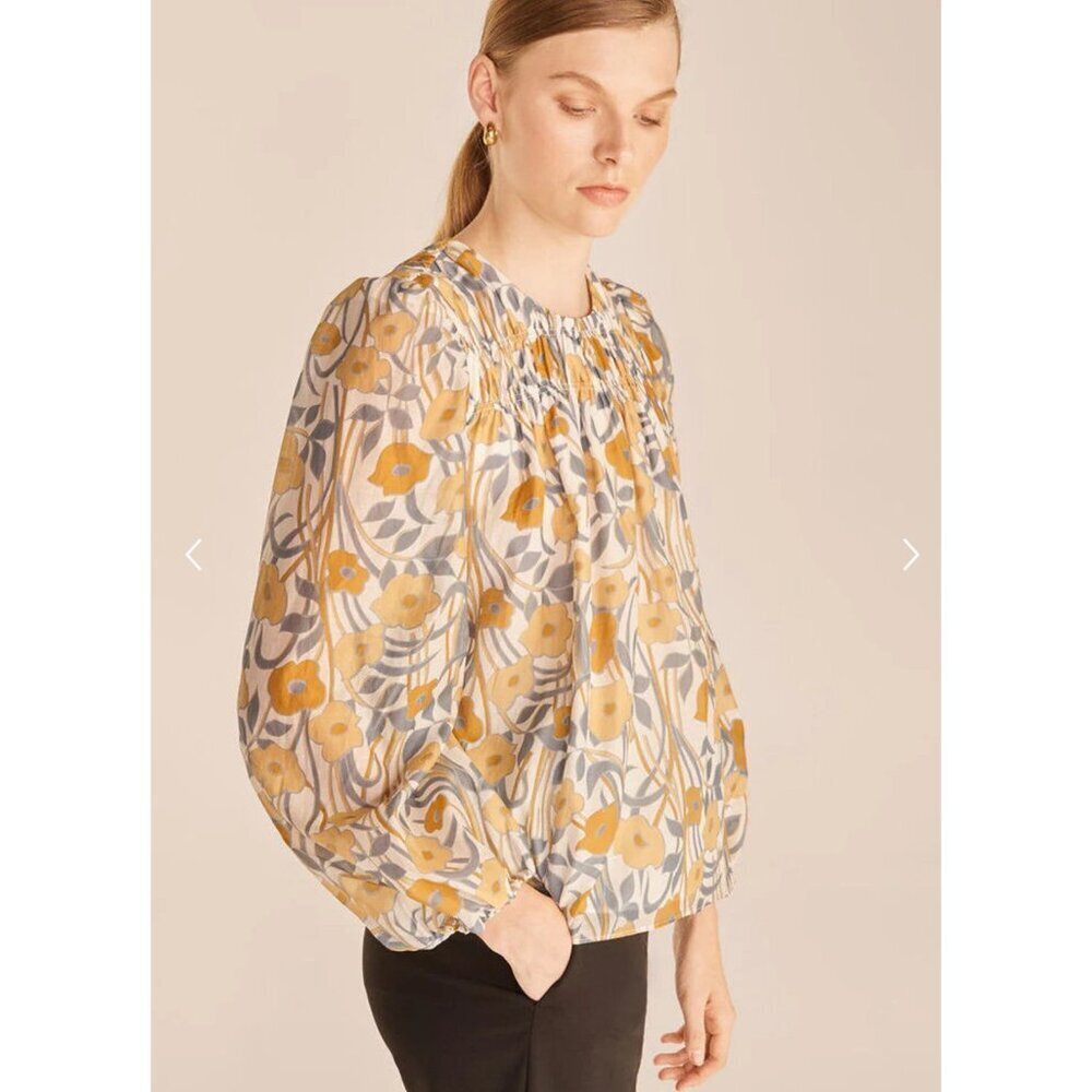 Rebecca Taylor Daphne Fleur Blouse in Buttercream Combo Cotton/Silk Size Small
